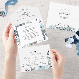 Casamento Floral Azul Elegante com RSVP Perfurado
