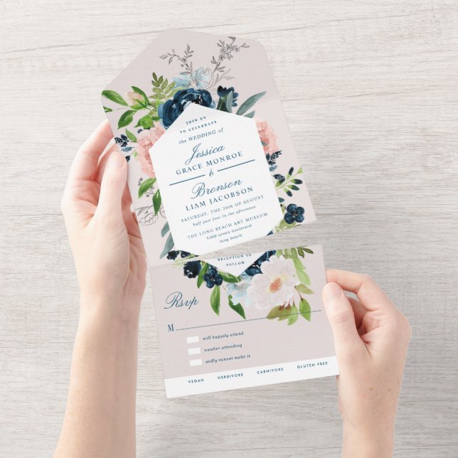 Casamento Floral Azul Marinho e Bege (Aba destacável)