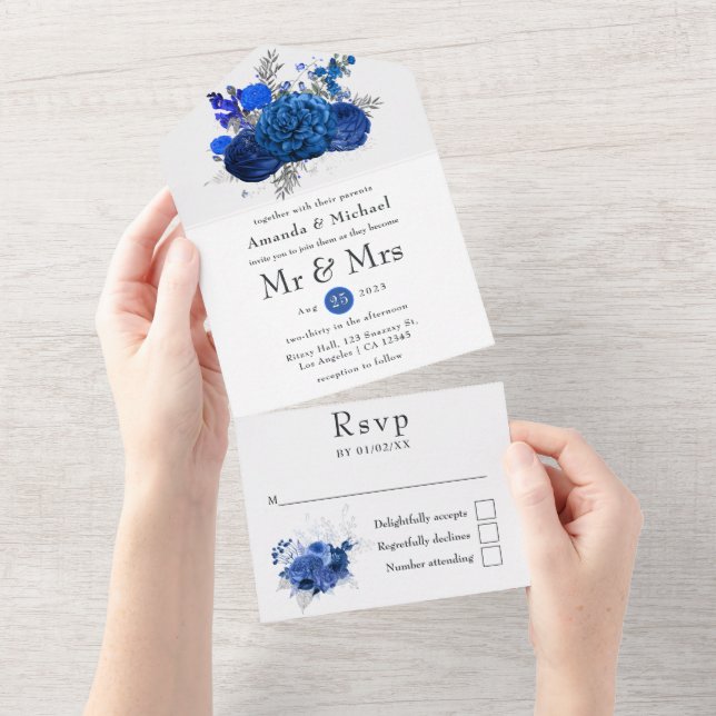 Casamento Floral Azul Real e Prata (Aba destacável)