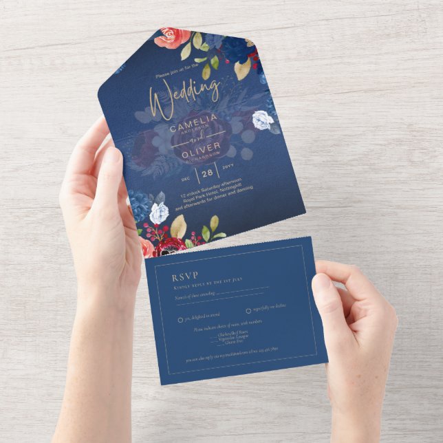 Casamento Floral Azul Rústico Borgonha (Aba destacável)