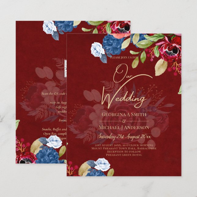 Casamento Floral Azul Rústico Borgonha (Frente/Verso)