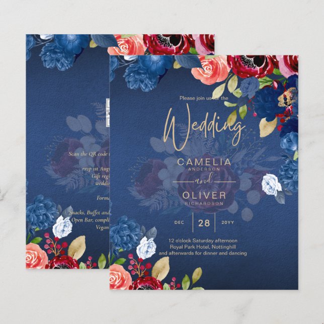 Casamento Floral Azul Rústico Borgonha (Frente/Verso)