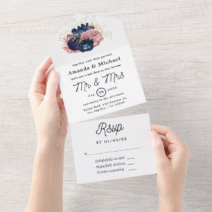 Casamento Floral Bege, Azul Marinho e Dourado