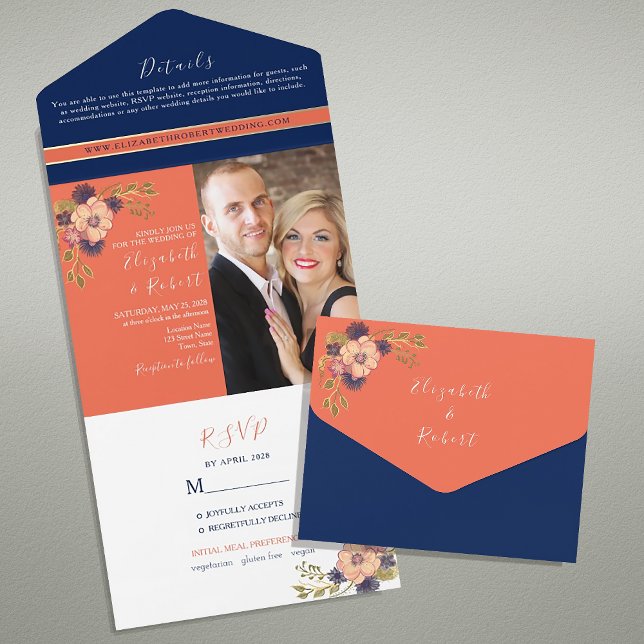 Casamento Floral Boho Azul Marinho e Coral (Criador carregado)
