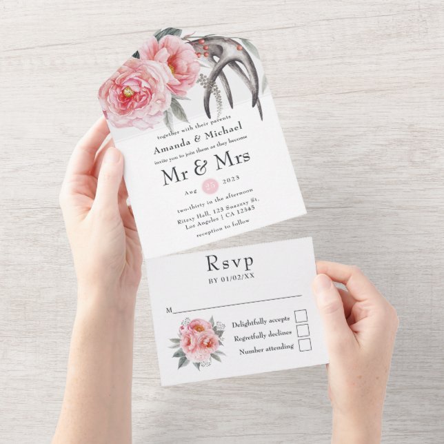 Casamento Floral Boho Rosa Pastel e Cinza (Aba destacável)