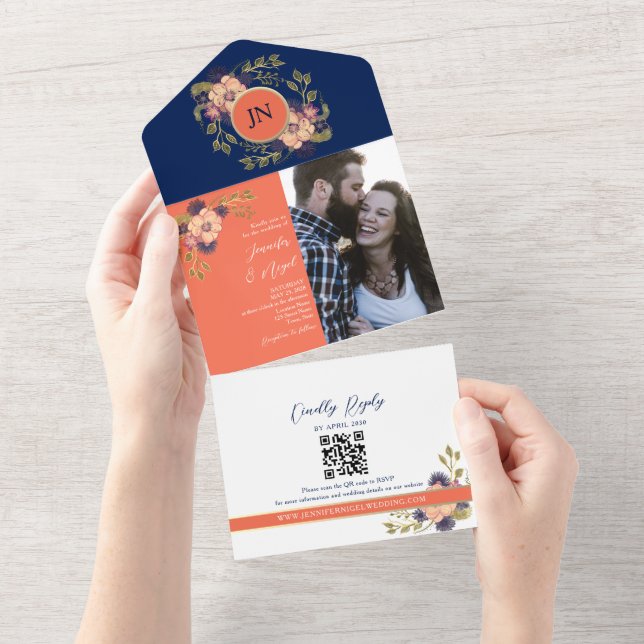 Casamento Floral Boho Rústico Azul Marinho e Coral (Aba destacável)