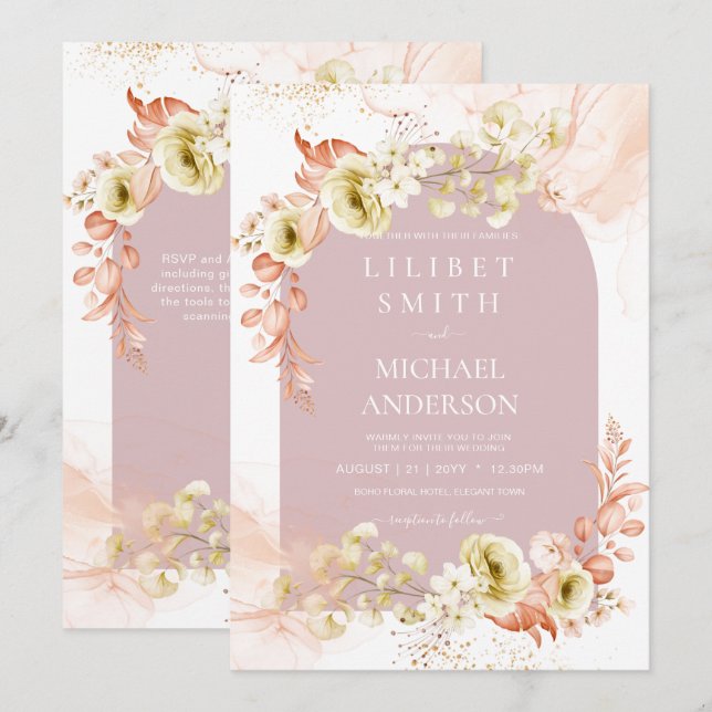 Casamento Floral bonito Dusty Rosa Olive (Frente/Verso)