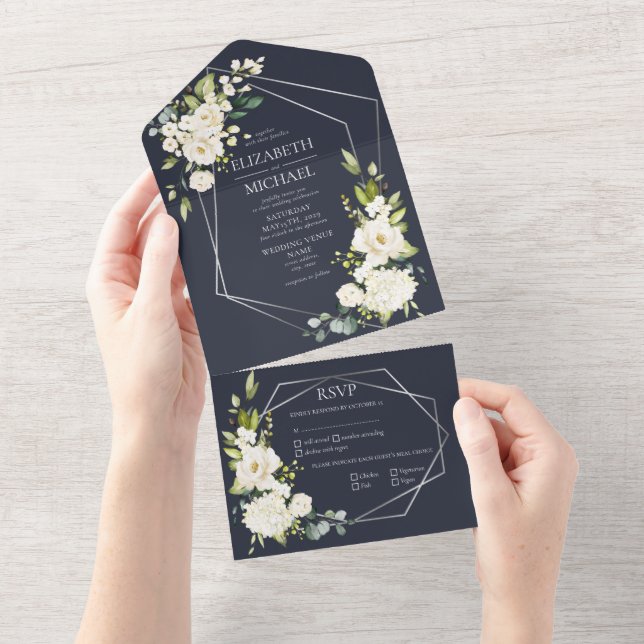 Casamento Floral Branco Azul Marinho Geométrico (Aba destacável)