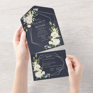 Casamento Floral Branco Azul Marinho Geométrico