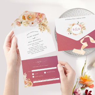 Casamento Floral Chic Peach e Burgundy com RSVP A