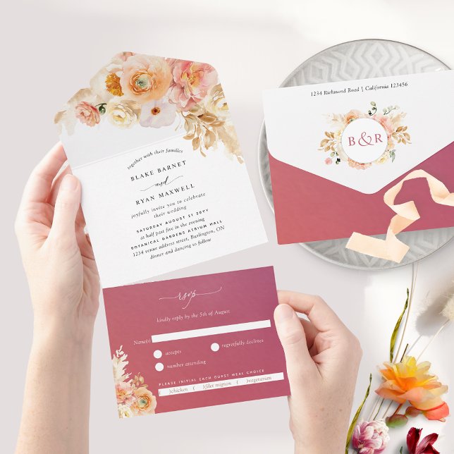 Casamento Floral Chic Peach e Burgundy com RSVP A (Criador carregado)