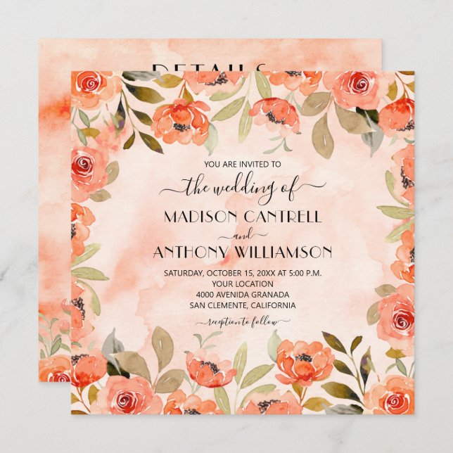 Casamento Floral Chic Watercolor Tudo Em Um Convit (Frente/Verso)