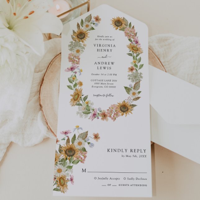 Casamento Floral com Girassóis (Elegant Wildflower Sunflower Floral Wedding All In One Invitation by Painted Paperie
)