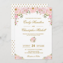 Casamento Floral Cor-de-Rosa Blush Convite Dourado