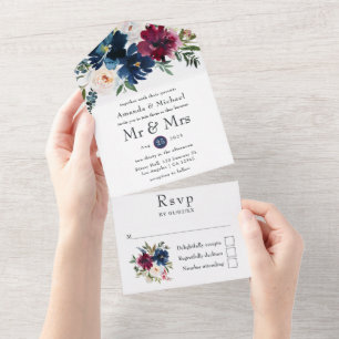 Casamento Floral de Aquarela Bordo e Azul Marinho