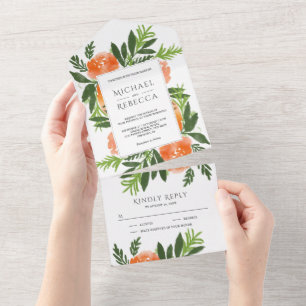 Casamento Floral de Aquarela Laranja Jardim Verde