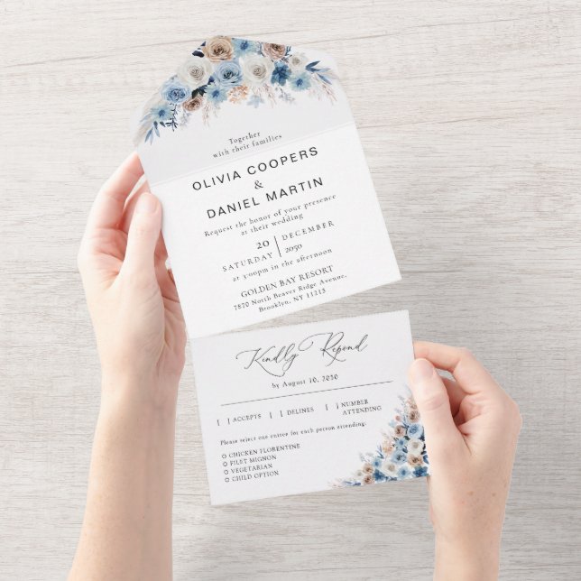 Casamento Floral de Boho Azul - Tudo em Um Convite (Aba destacável)