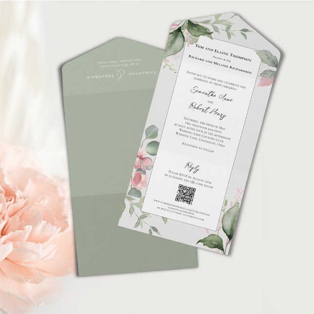 Casamento Floral de Cor de Água Rosa Esbranquiçada (Elegant pink floral all in one wedding invitations. )