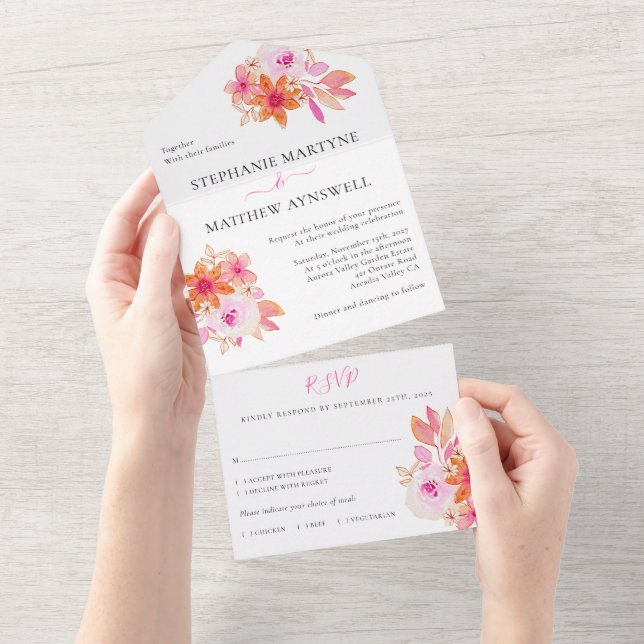 Casamento Floral de Cor Laranja Rosa Moderna (Aba destacável)