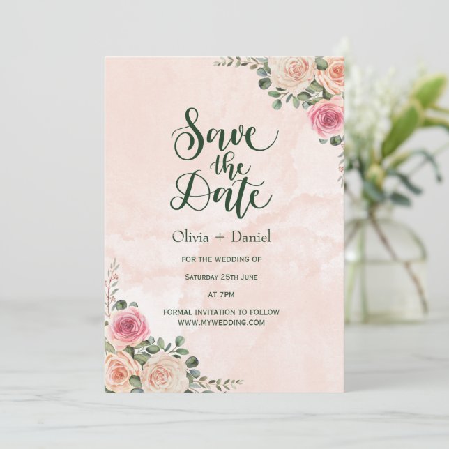 Casamento Floral de Creme Rosa Salve os Cartões de (Em pé/Frente)