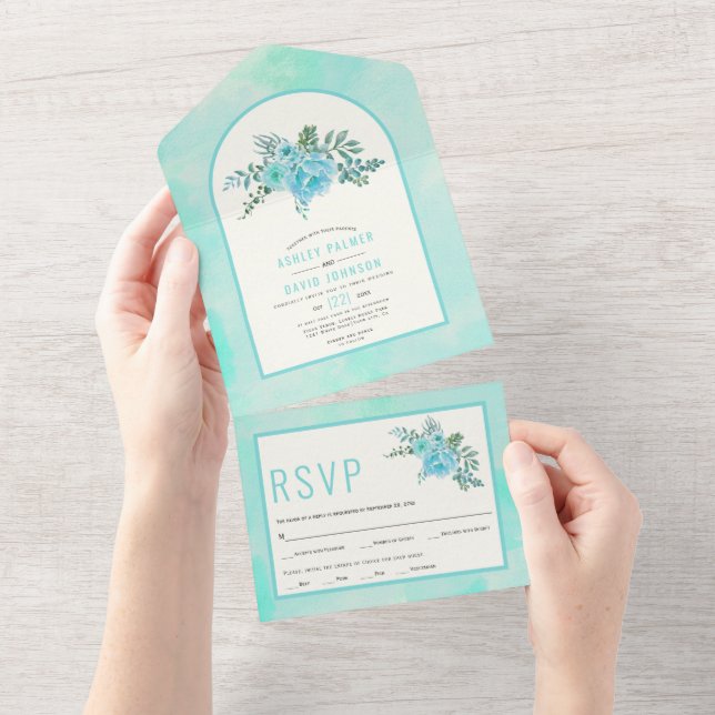 Casamento floral de flores aqua azul-aquarela (Aba destacável)