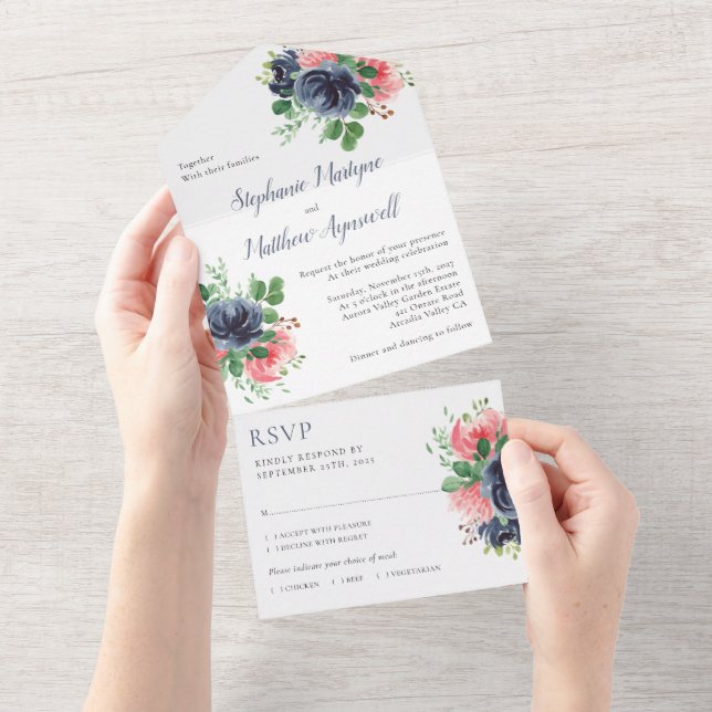 Casamento Floral de marinho Cor de Água Rosa (Aba destacável)