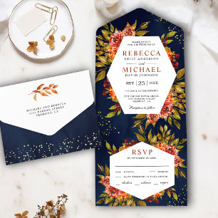 Casamento Floral de Outono Azul Naval Laranja Quei