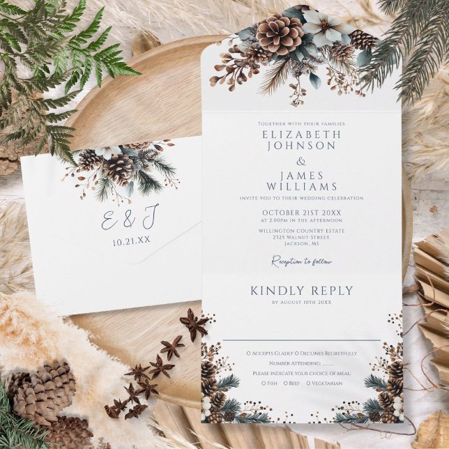 Casamento Floral de Pinha Rústico Elegante Moderno (Modern Elegant Rustic Pinecone Floral Wedding All In One Invitation)