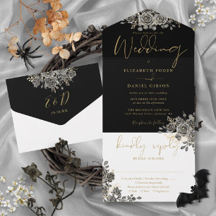 Casamento Floral de Rosas Pretas e Douradas Gótica