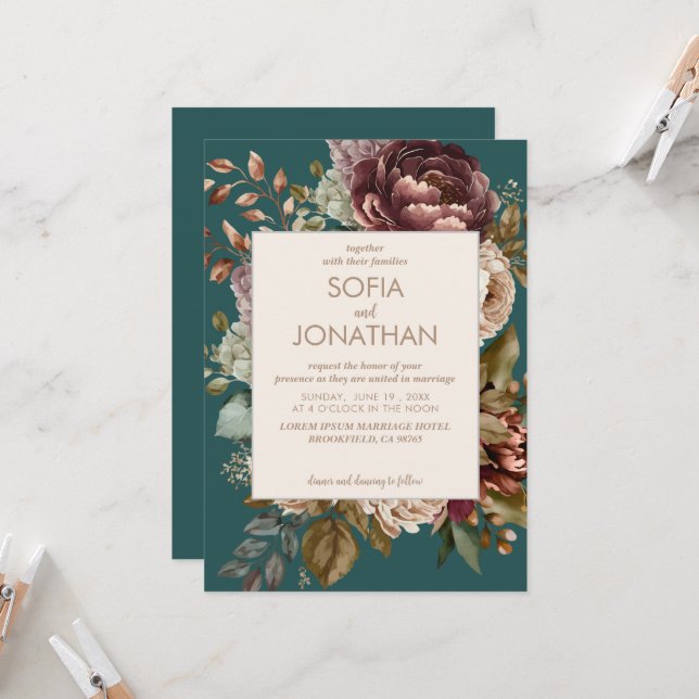 Casamento Floral de Teal Fall Maroon Watercolor (Frente/Verso In Situ)