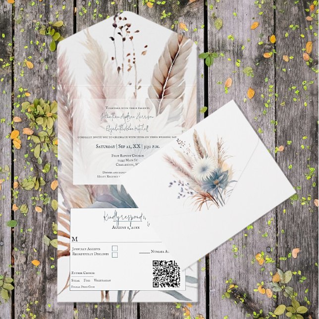 Casamento Floral De Winter Boho, Tudo Em Um Convit (White Winter Boho Floral Wedding All in One Invitation)