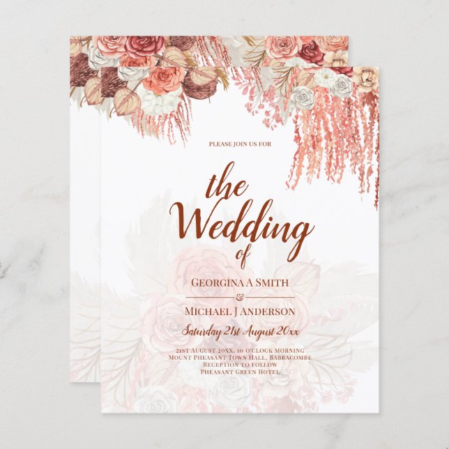 Casamento Floral do Rosa Pampas Grass Terracotta (Frente/Verso)