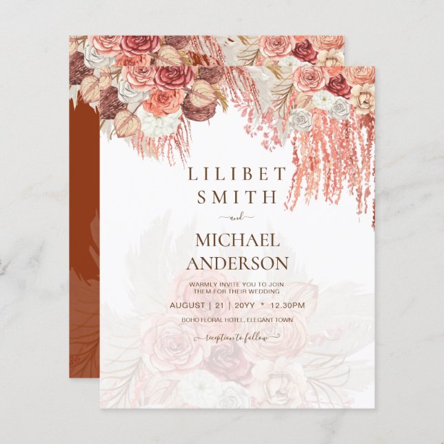 Casamento Floral do Rosa Pampas Grass Terracotta (Frente/Verso)