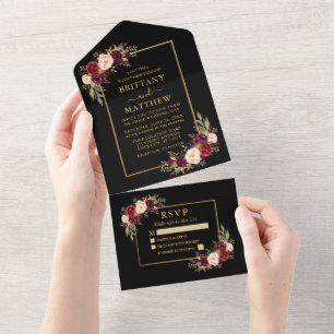 Casamento Floral Dourado de Watercolor Burgundy
