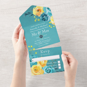 Casamento Floral em Aquarela Turquesa e Amarelo