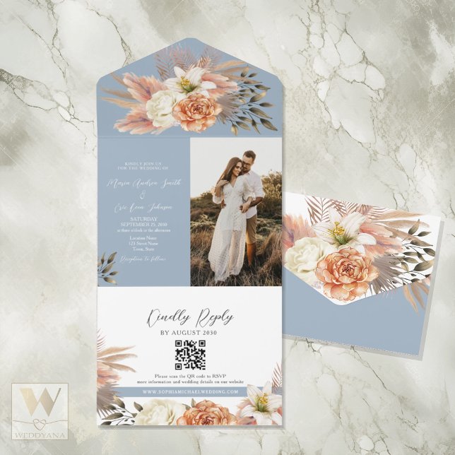 Casamento Floral em Azul Poento com Código QR em P (Criador carregado)