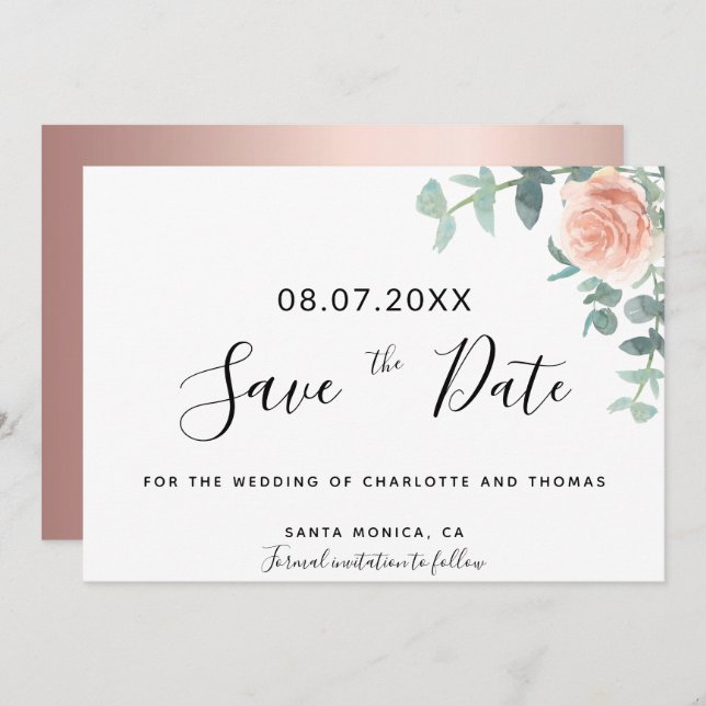 Casamento Floral Eucaluptus rosa gold salvar a dat (Frente/Verso)