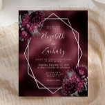 Casamento Floral Faux Foil Silver Silver Burgundy<br><div class="desc">Este elegante convite de casamento moderno apresenta um quadro geométrico prateado, decorado com flores de burgundy e prata, numa imagem de fundo de folha azul escuro e burgundy. O texto personalizável combina a escrita manual imétrica de cinzas prateadas, a placa de cobre e as fontes itálicas. O lado inverso apresenta...</div>