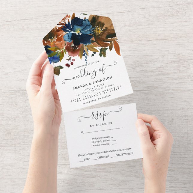 Casamento Floral Gengibre e Azul-Navio (Aba destacável)