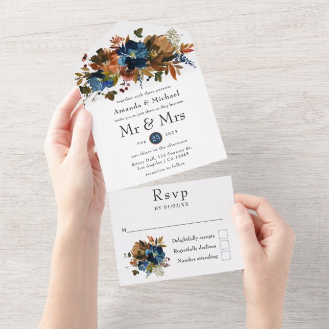Casamento Floral Gengibre e Azul-Navio (Aba destacável)