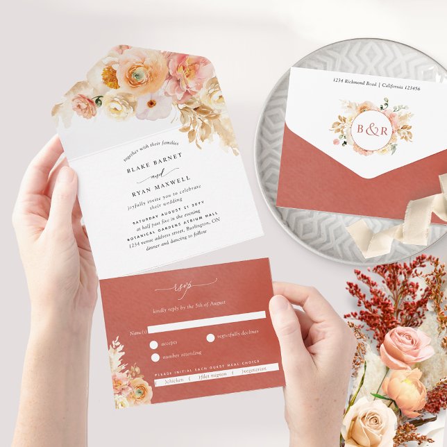 Casamento Floral Laranja Chic Peach Rust com RSVP (Criador carregado)