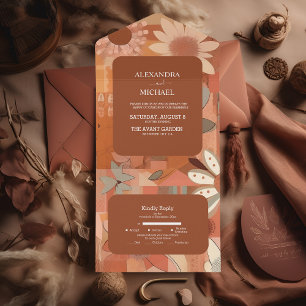 Casamento floral laranja queimado Retro Groovy