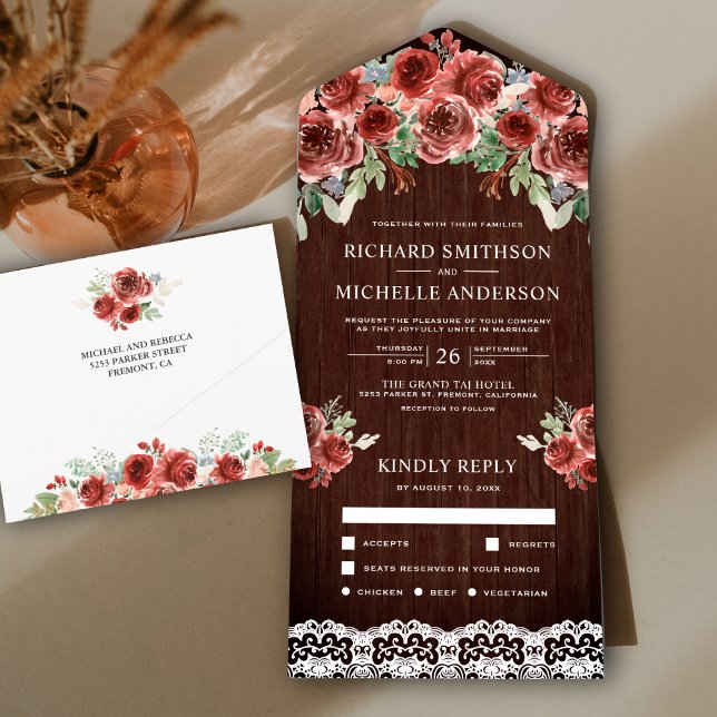 Casamento Floral Marsala de Renda de Madeira Rústi (Criador carregado)