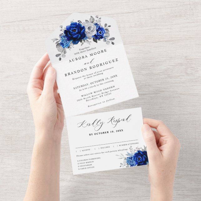 Casamento Floral Metálico Real Blue Silver (Aba destacável)