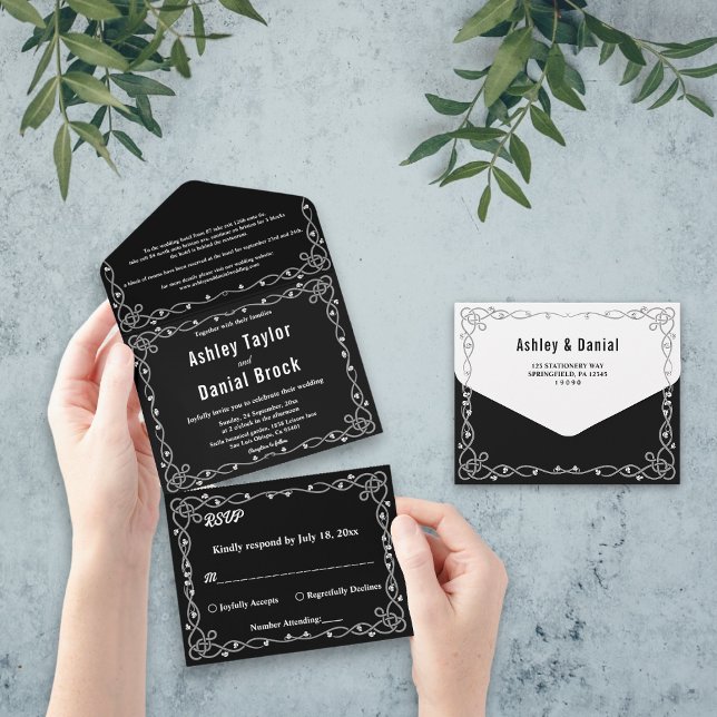 Casamento Floral Moderno Mínimo Preto-Chic E Branc (Criador carregado)