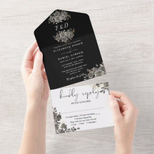 Casamento Floral Monograma Preto e Branco Gótico