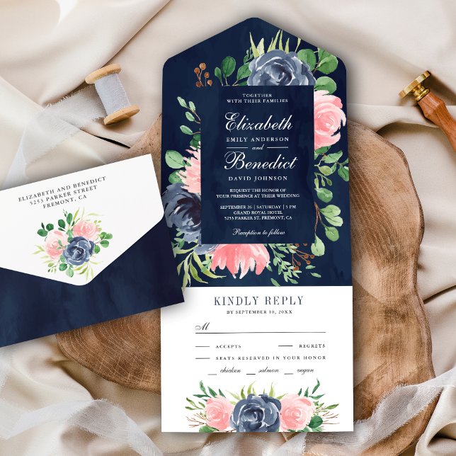 Casamento Floral Rosa Corado Rústico Azul Naval (Criador carregado)