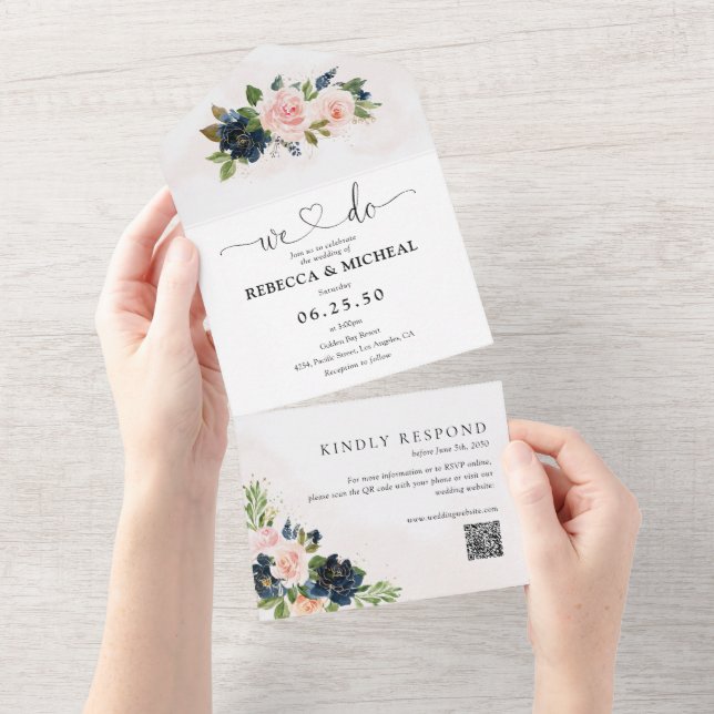 Casamento Floral Rosa e Azul-Marinho (Aba destacável)