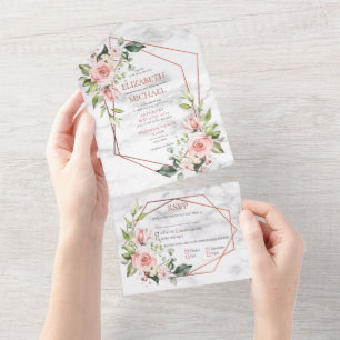 Casamento Floral Rosa-Rosa Marble Geométrico de C