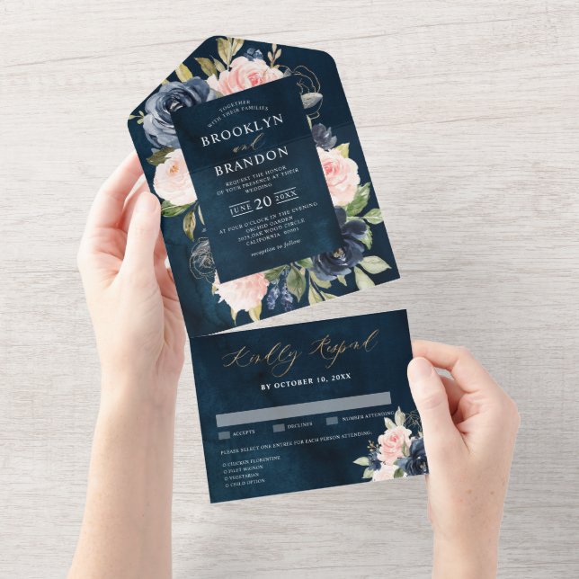 Casamento Floral Rosa-Rosa marinho Azul Penteado (Aba destacável)